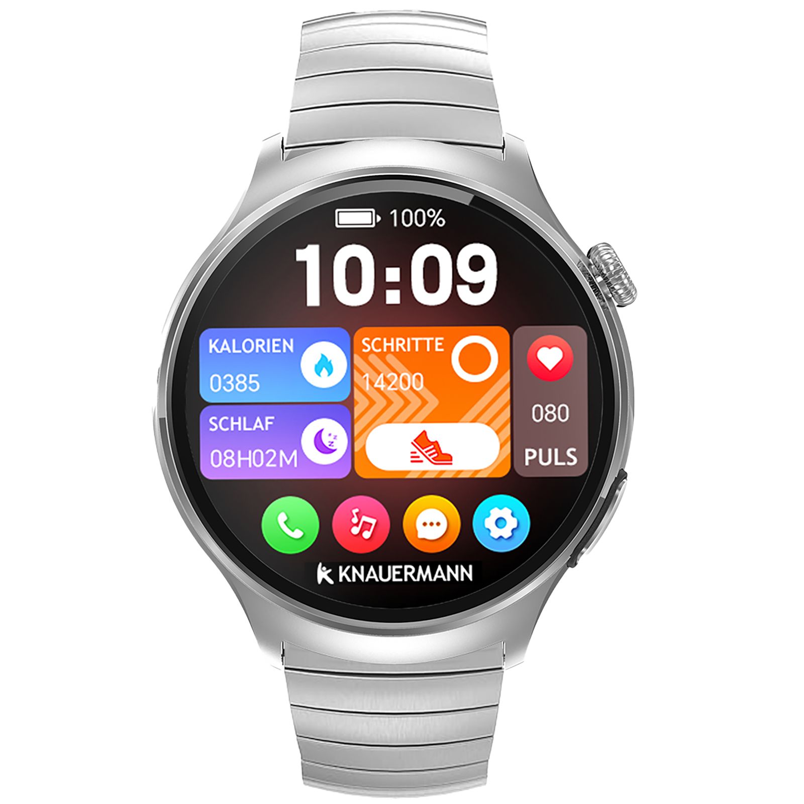 Silberfarbene Smartwatch mit rundem Display. Zeigt Uhrzeit, Kalorien, Schritte, Schlaf und Puls. KNAUERMANN Logo unten.
