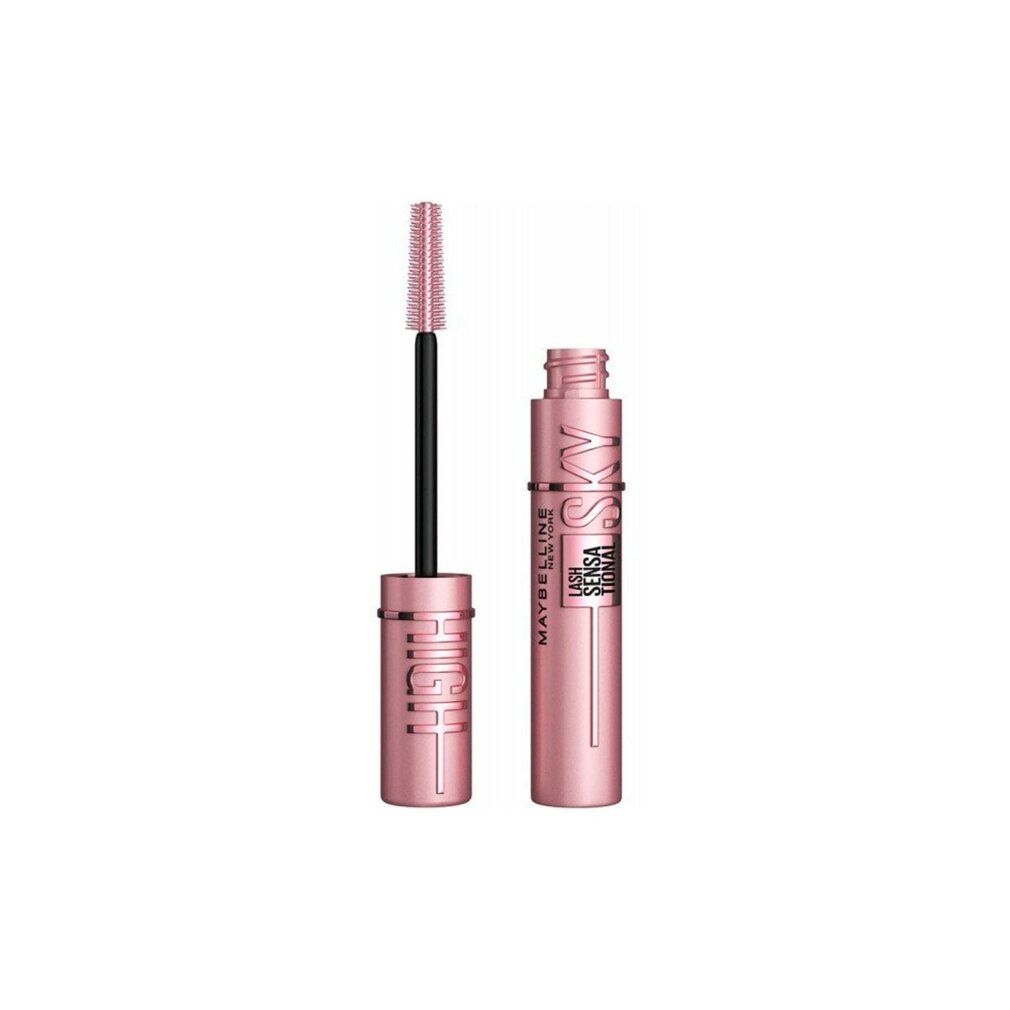 Maybelline Sky High Mascara in Rosa mit rosa Bürste und goldenen Schriftzügen.