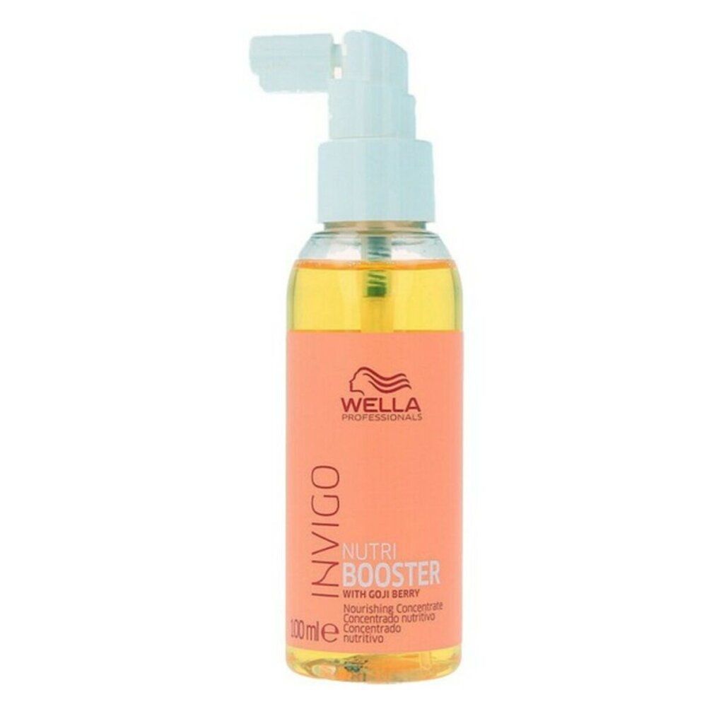 Flasche mit orangefarbenem Etikett. Aufschrift: Invigo Nutri Booster. Mit Goji-Beere. Mit Sprühkopf.