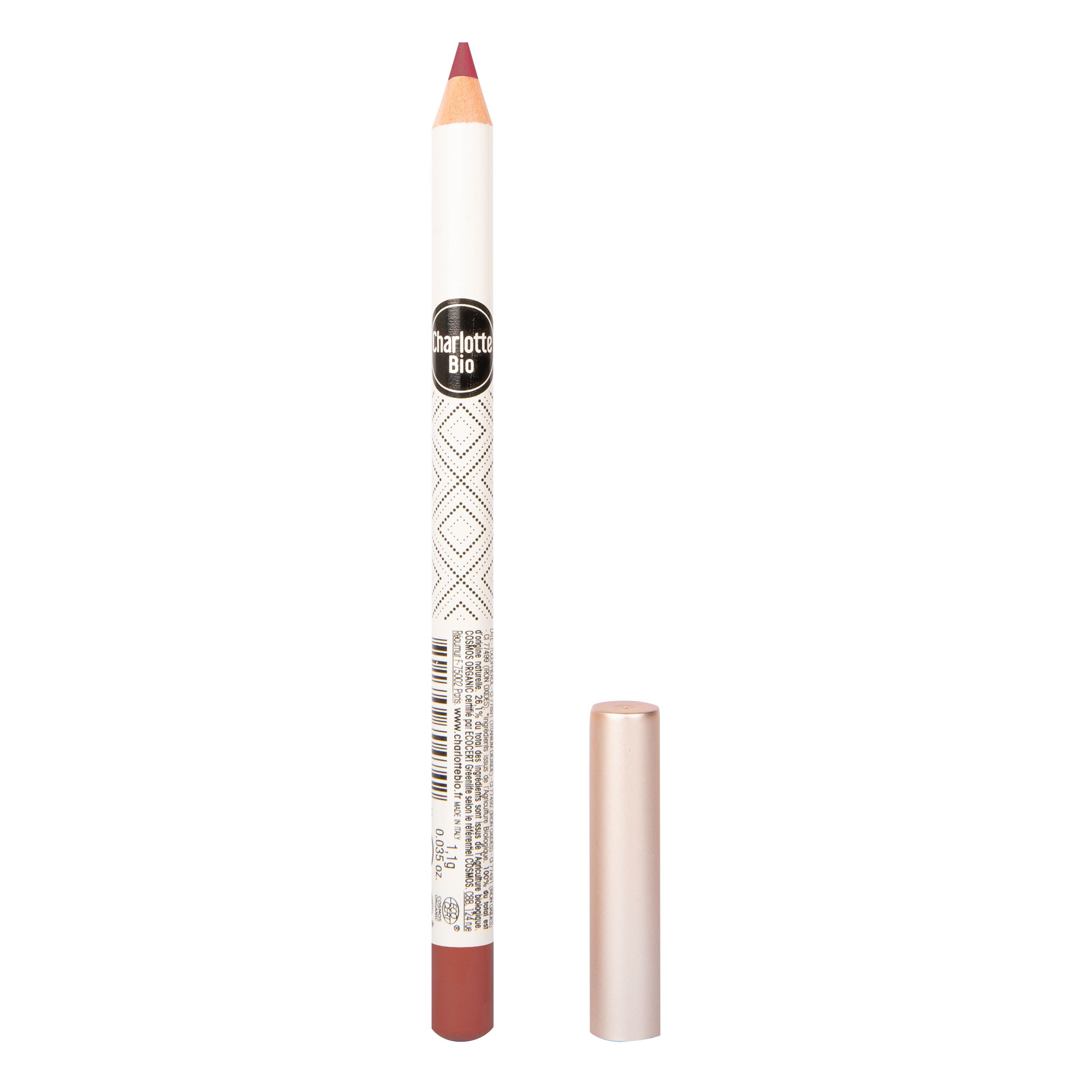 Lippenstiftstift mit rosaroter Mine und weißem Schaft. Der Deckel ist abgenommen. Auf dem Stift steht "Charlotte Bio".