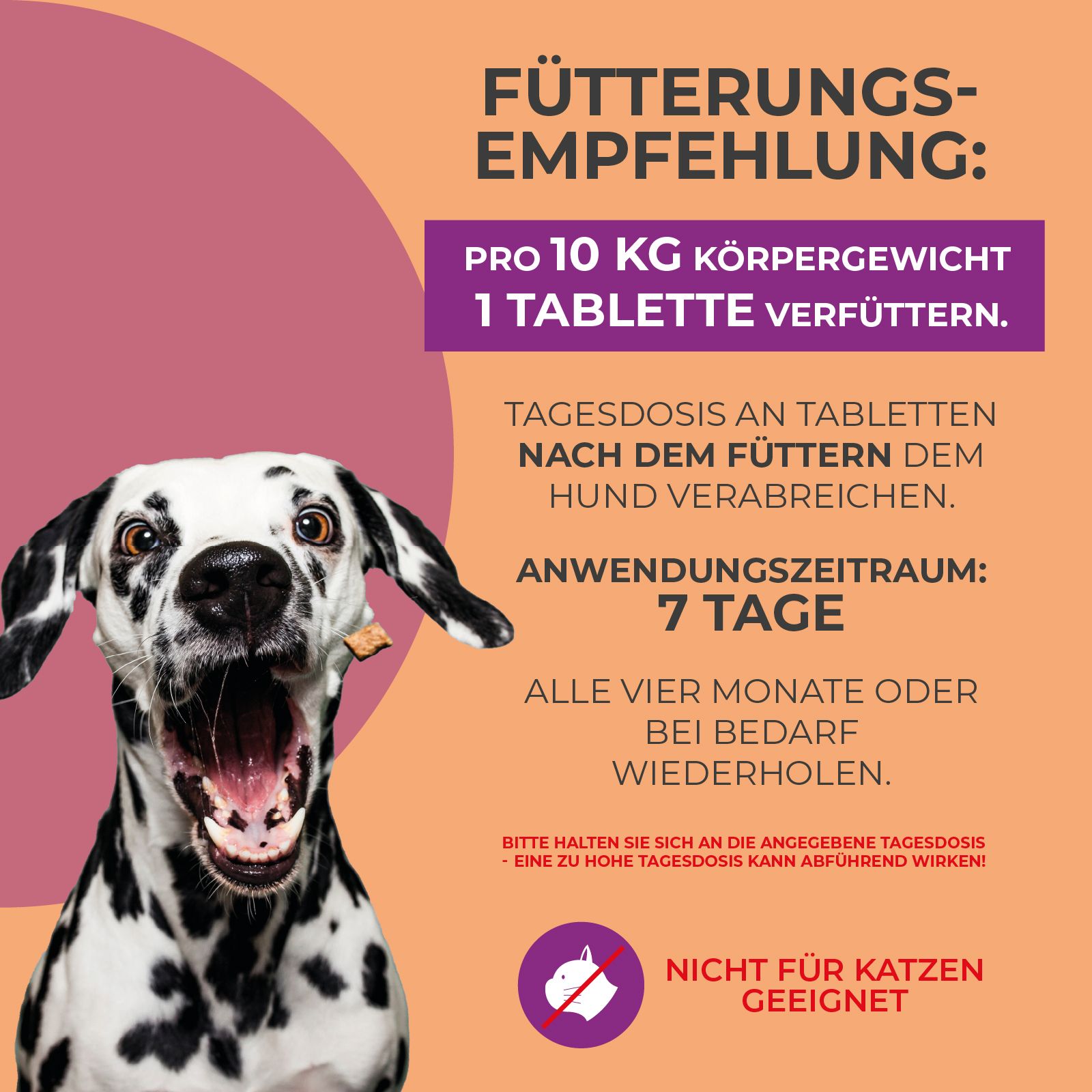 Nahaufnahme eines Dalmatiner-Hundes. Text: "Fütterungsempfehlung: 1 Tablette pro 10 kg Körpergewicht". Nicht für Katzen geeignet.