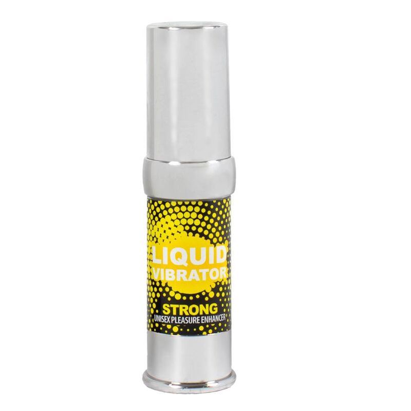 Silberfarbener Behälter mit gelber Aufschrift "LIQUID VIBRATOR STRONG".