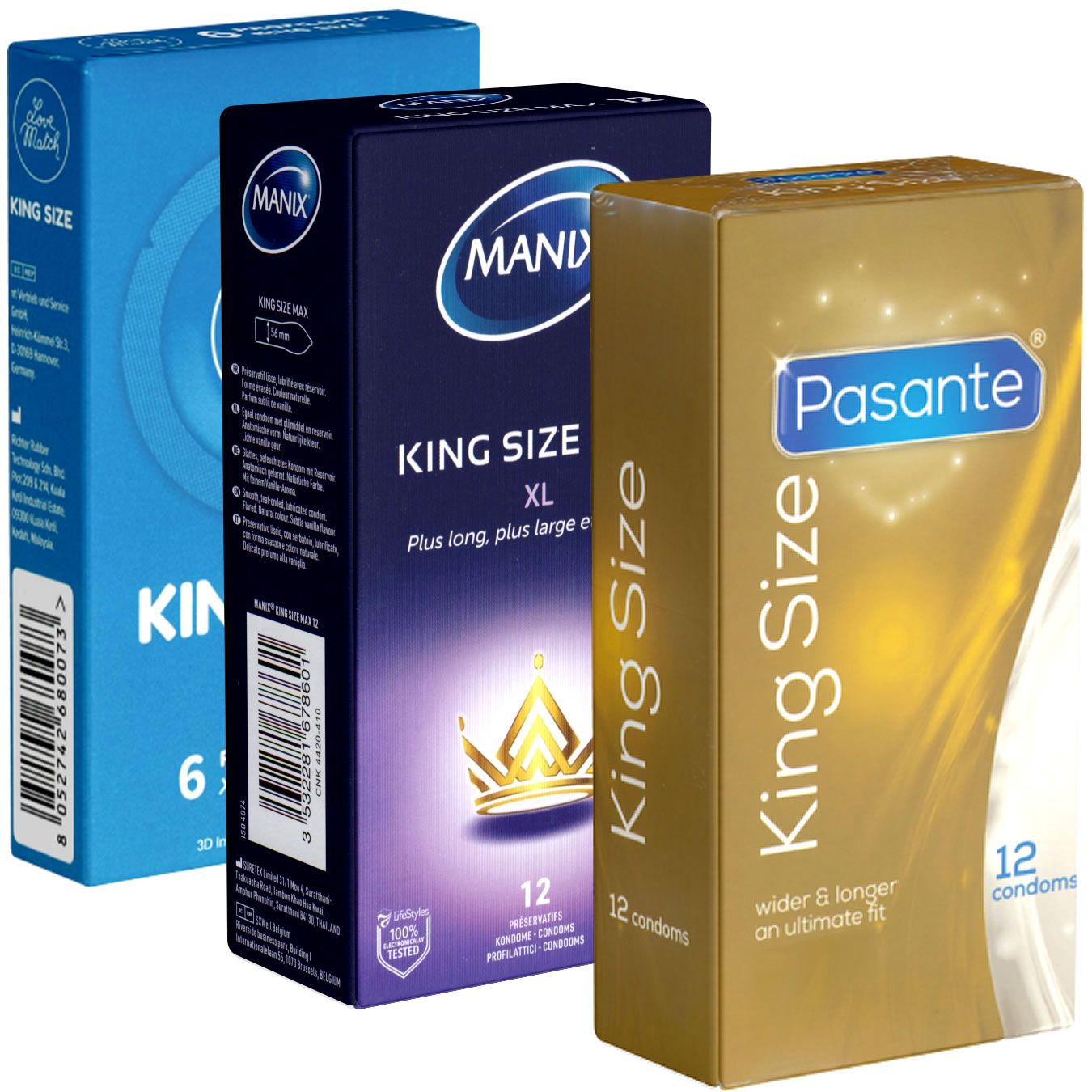 Drei Kondom-Verpackungen: blau, dunkelblau und goldfarben. Aufschrift: King Size, Manix, Pasante. 6, 12 Stück.