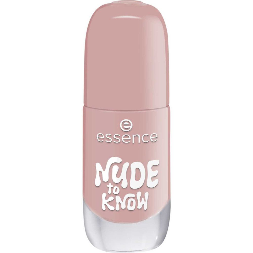 Nagellackflasche, rosa Farbton, geschlossen. Auf der Flasche steht "essence" und "NUDE to KNOW".