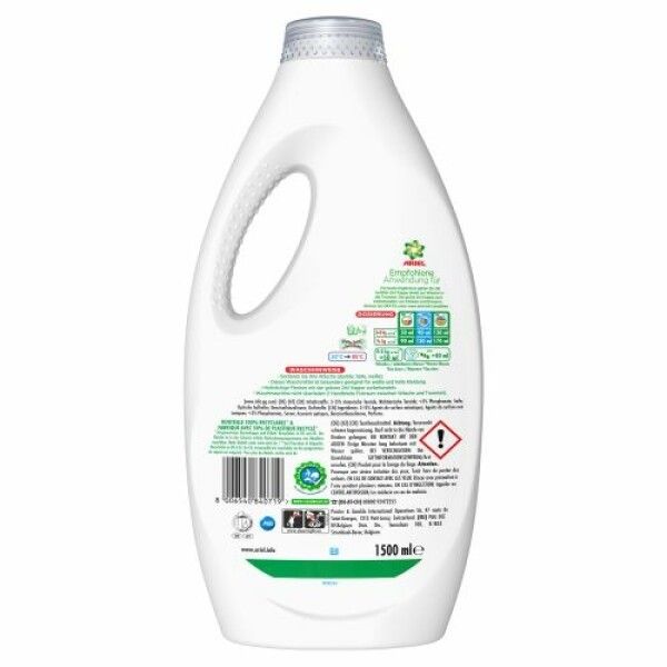 Rückseite der Ariel Baby Flüssigwaschmittel-Flasche. Informationen zu Inhaltsstoffen, Anwendung, Warnhinweisen und Recycling-Symbolen.