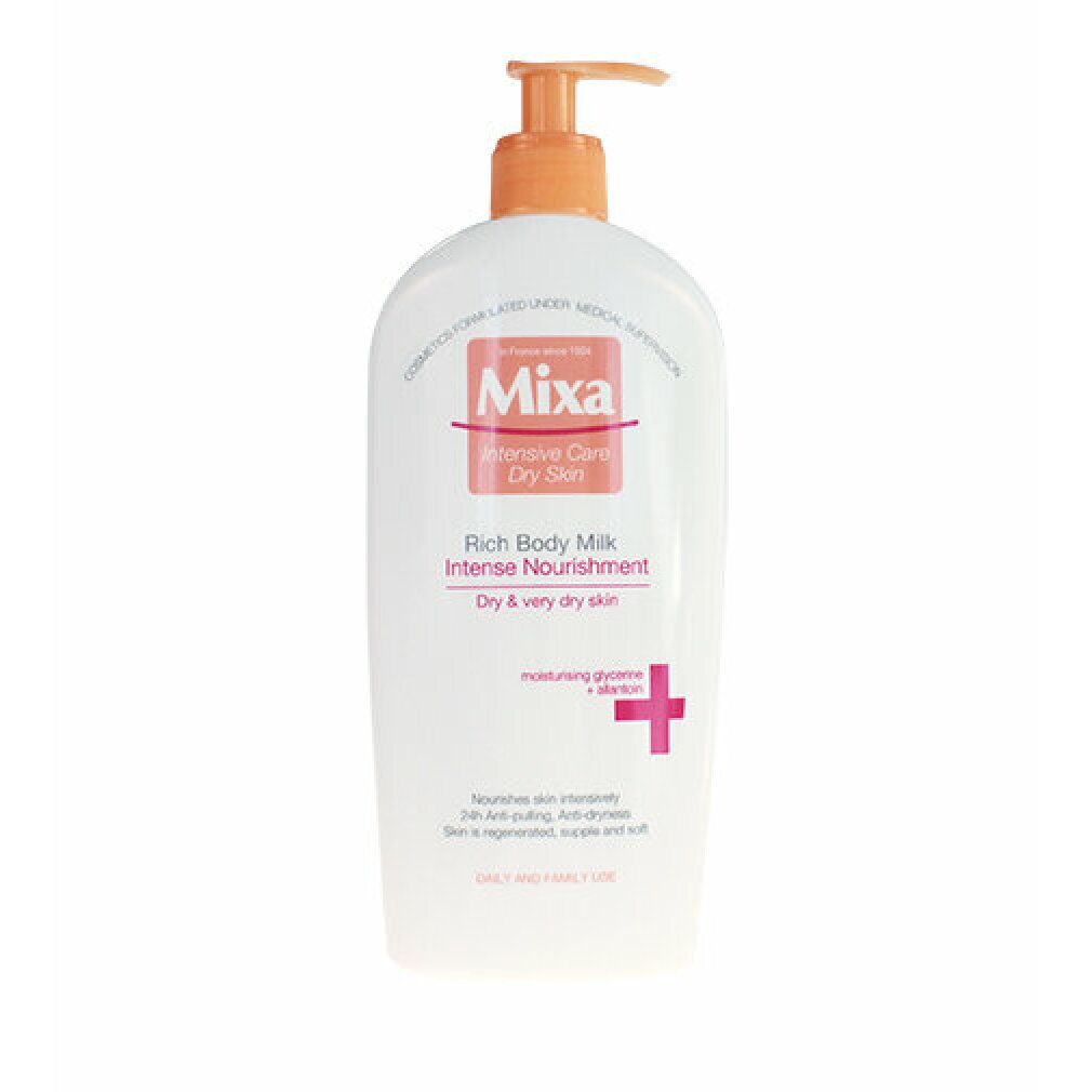 Weiße Flasche mit orangefarbenem Pumpkopf. Aufschrift: Mixa, Intensive Care, Rich Body Milk, Intense Nourishment.