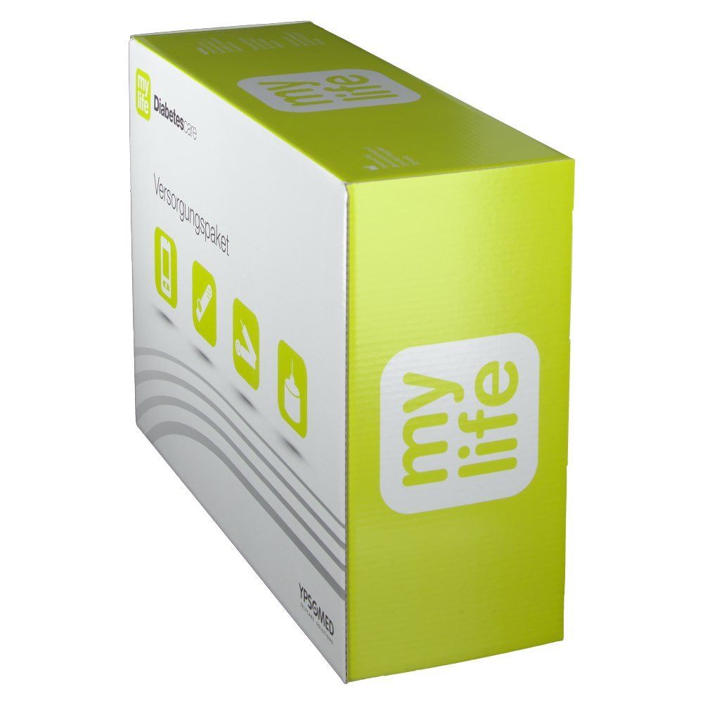 Verpackung des mylife Versorgungspaket. Aufschrift: Diabetescare, Versorgungspaket. Logos und Piktogramme. YPSOMED-Logo.