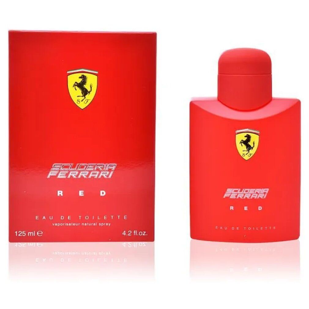 Rotes Eau de Toilette und Verpackung. Logo und Schriftzug Scuderia Ferrari Red. 125 ml.