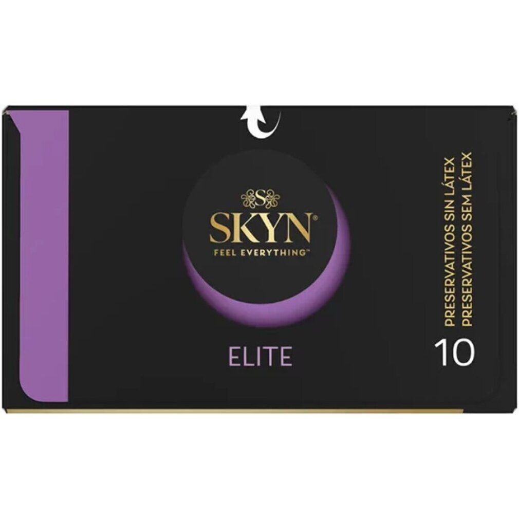 Schwarze Verpackung mit lila Akzent. Produktname: SKYN Elite. Enthält 10 Stück. Text: Präservative ohne Latex.