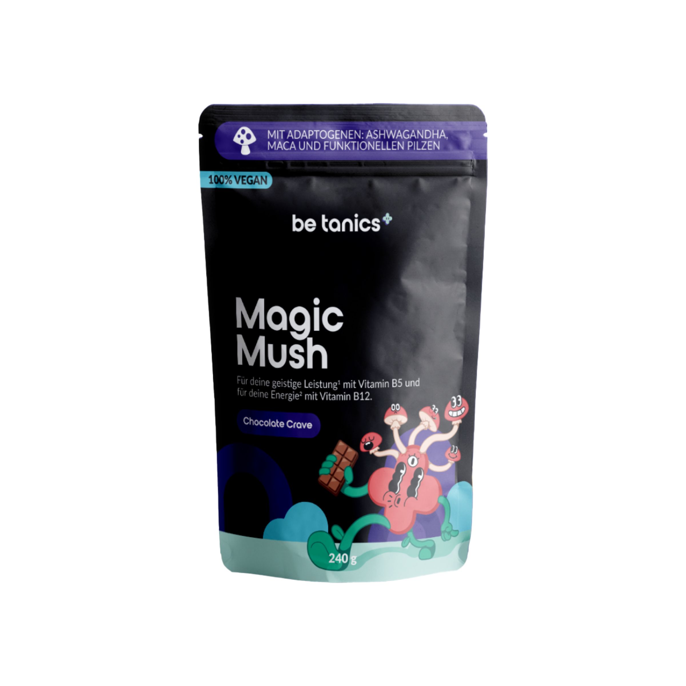 Schwarze Verpackung mit "be tanics Magic Mush Chocolate Crave". Enthält Adaptogene, Ashwagandha, Maca und Pilze. 100% vegan.