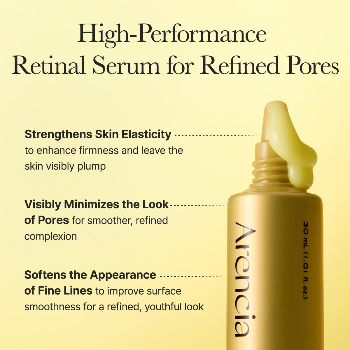 Goldfarbene Flasche mit Serum. Aufschrift: Arencia. Text: Retinal Serum für verfeinerte Poren. 30 ml.