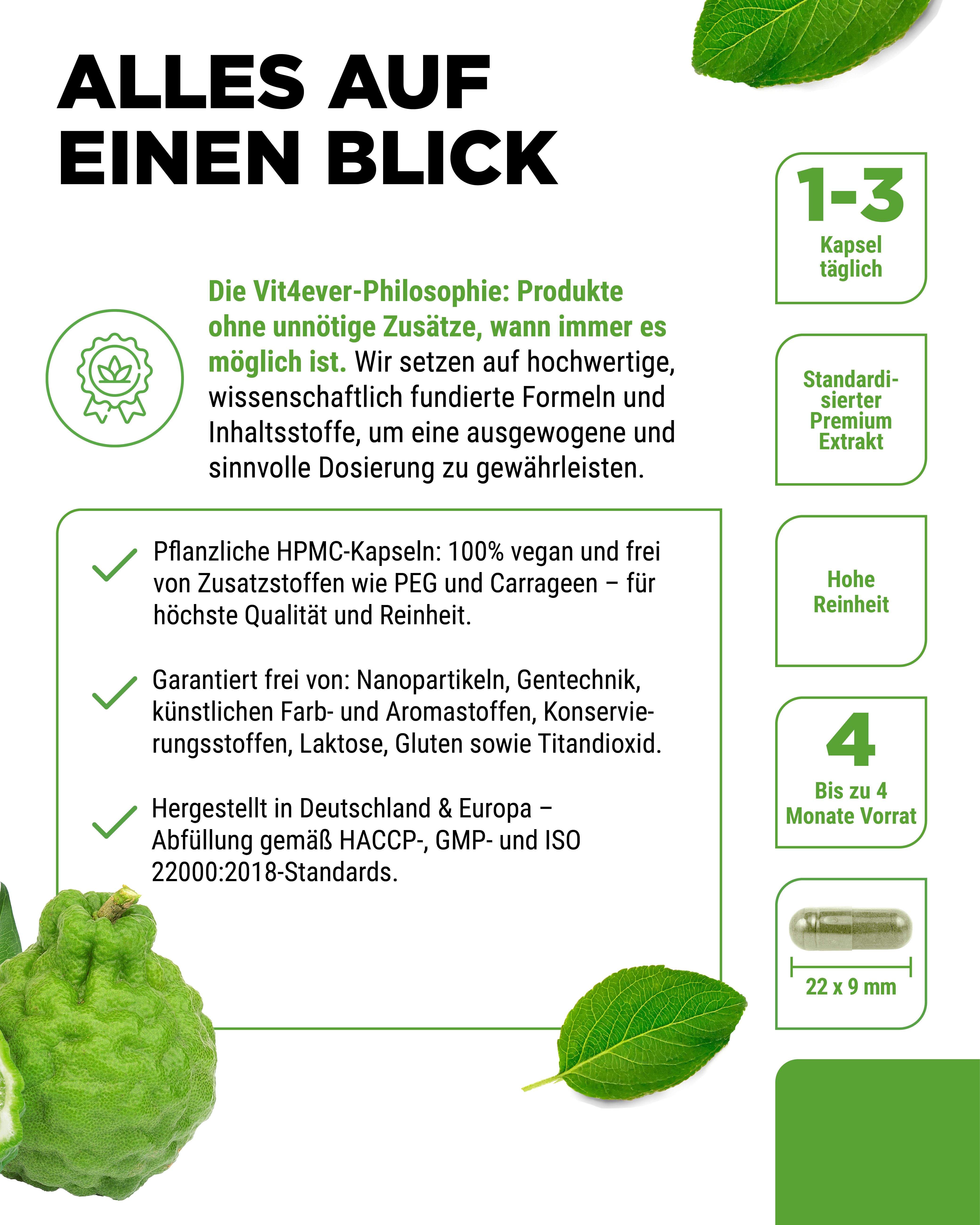 Weißes Fläschchen "vit4ever Citrus Bergamot". Text: "Alles auf einen Blick". Kapsel-Abbildung: 22x9 mm. Symbole und Text.