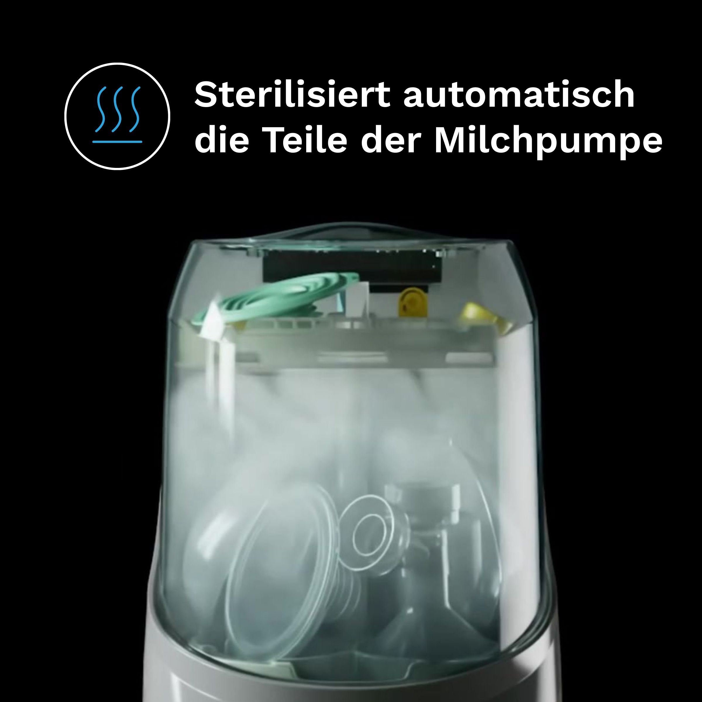 Gerät mit transparentem Deckel. Dampf sichtbar. Text: Sterilisiert automatisch die Teile der Milchpumpe.