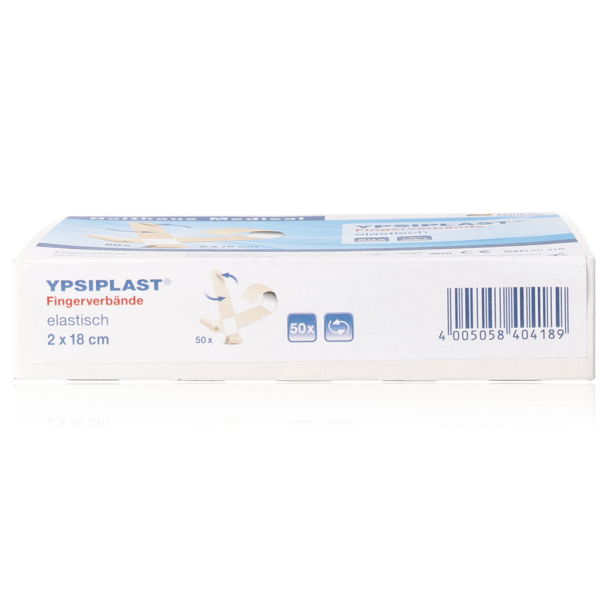 Kartonverpackung mit Produktinformationen. Ypsiplast Fingerverbände, elastisch, 2 x 18 cm, 50 Stück.