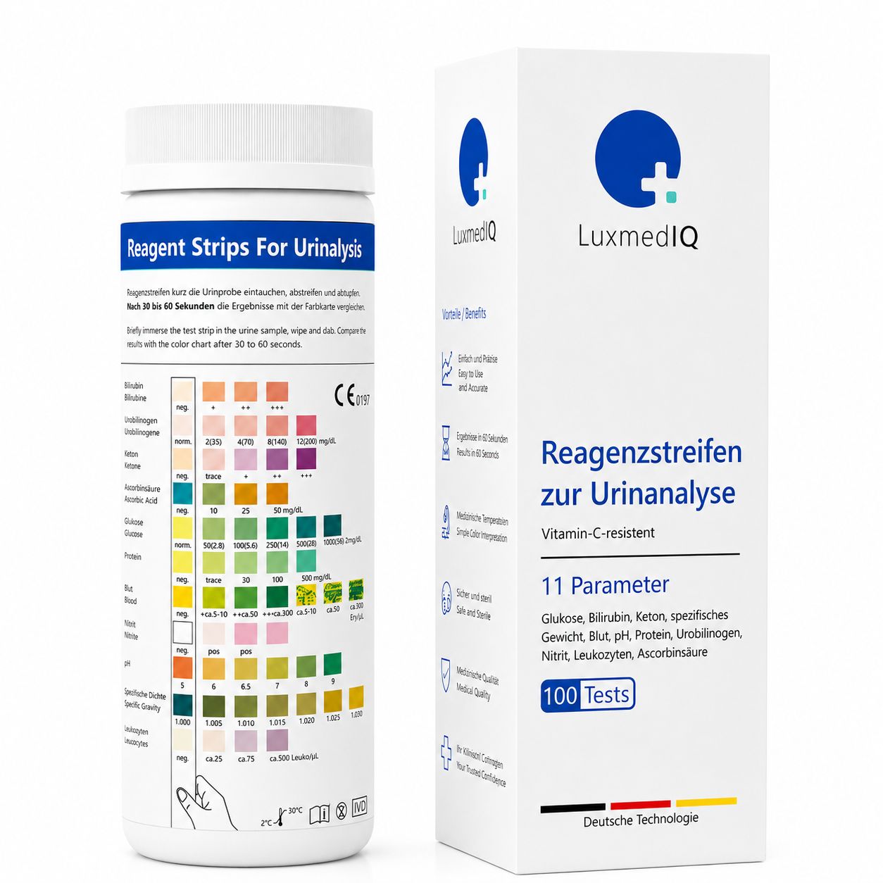 Produktverpackung und Flasche mit Teststreifen. Aufschrift: Reagenzstreifen zur Urinanalyse, 11 Parameter, 100 Tests. Deutsche Technologie.