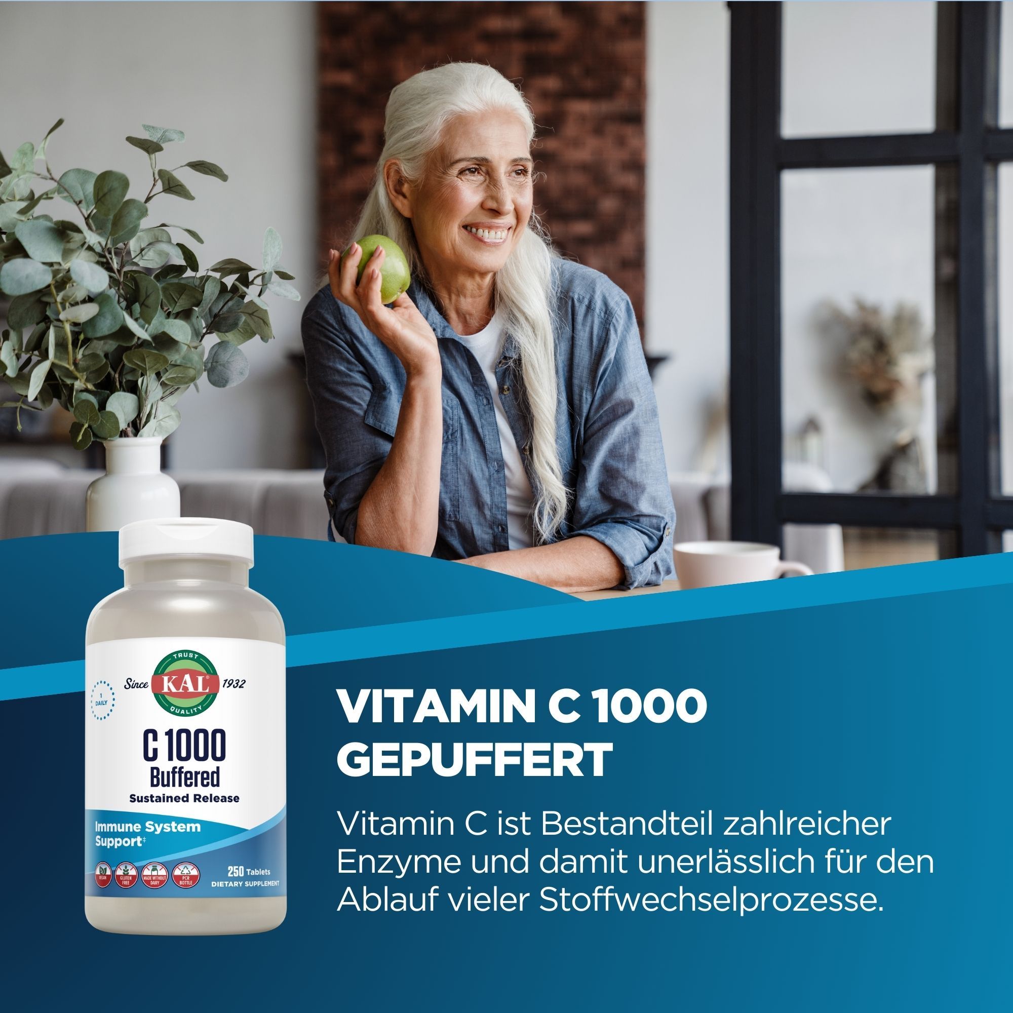 Eine Flasche KAL Vitamin C 1000 gepuffert. Aufschrift: Vitamin C 1000 gepuffert. Eine Frau hält einen Apfel.