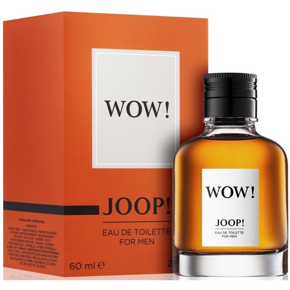 Joop Wow EdT Flakon und Verpackung. Orangefarbene Schachtel. Weißes Etikett. Schwarzer Verschluss. Text.