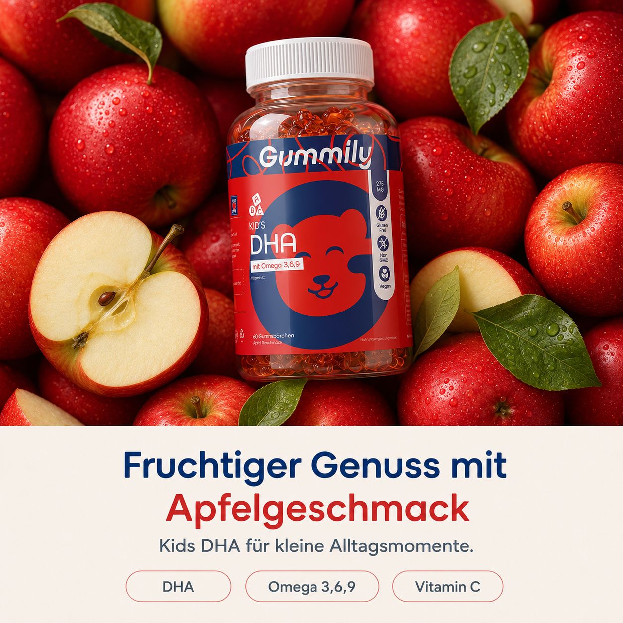 Gummily Kinder DHA Gummibärchen inmitten von roten Äpfeln, mit Text über Apfelgeschmack.