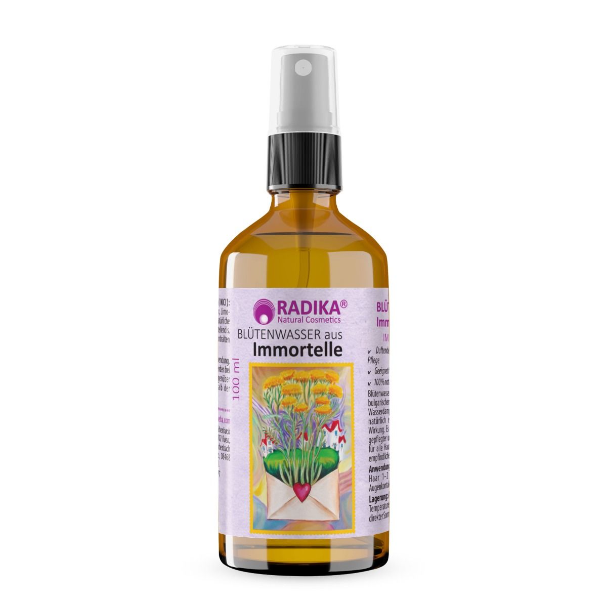 Braune Glasflasche mit Sprühkopf. Etikett mit Text: Blütenwasser aus Immortelle. 100 ml.