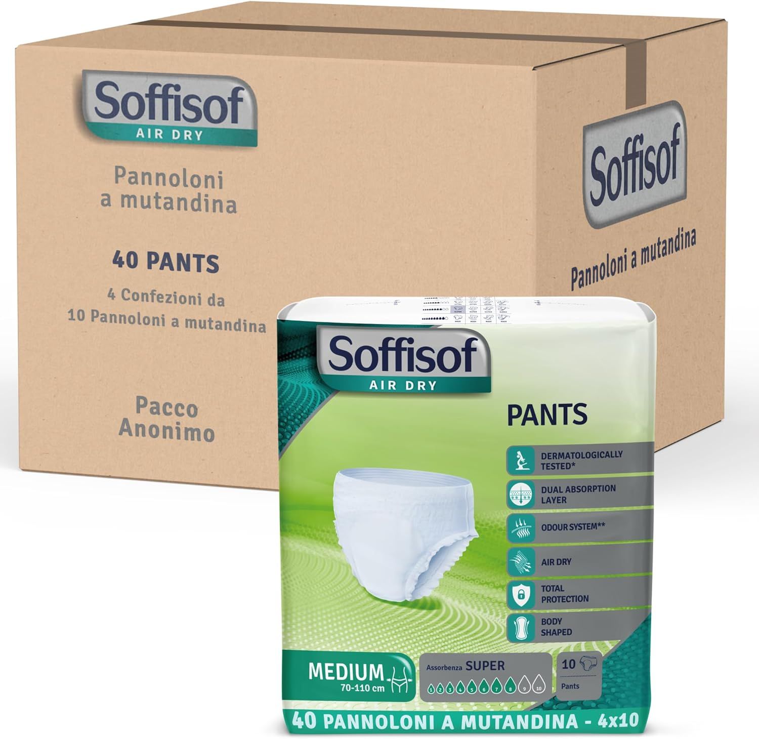 Soffisof Air Dry Pants. Verpackung mit 40 Pants. Karton und Packung mit Pants. Medium, 70-110 cm.