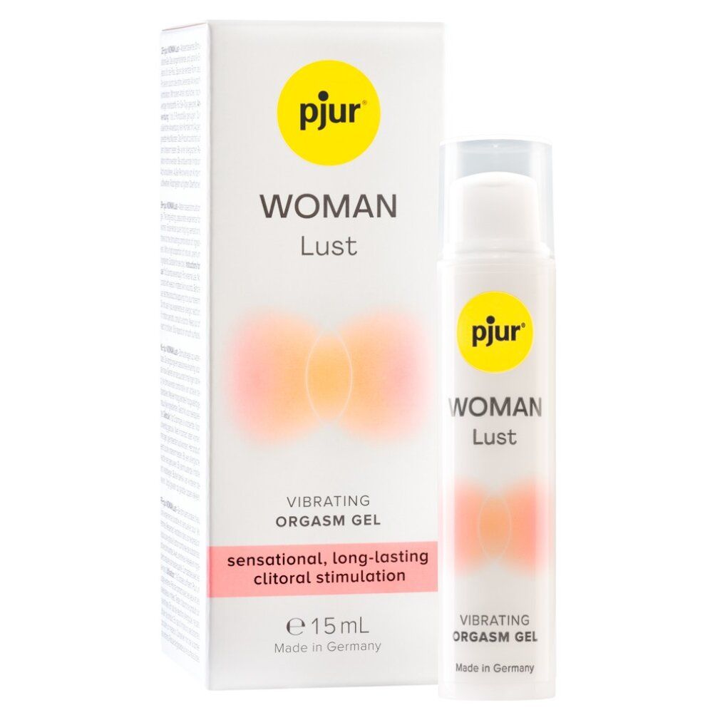 Produkt und Verpackung nebeneinander. Weiße Flasche und Verpackung mit gelbem Logo und Produktnamen. Text: WOMAN Lust, Vibrating Orgasm Gel.