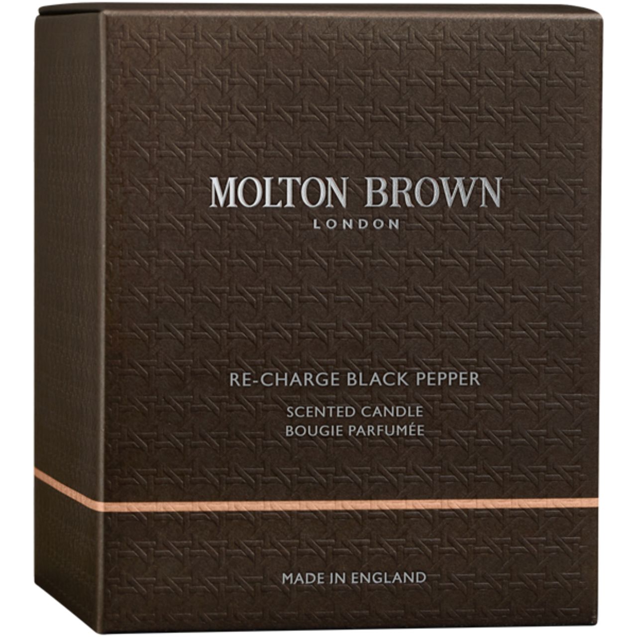 Braune Verpackung mit Prägemuster. Aufschrift: Molton Brown London, Re-Charge Black Pepper. Made in England.
