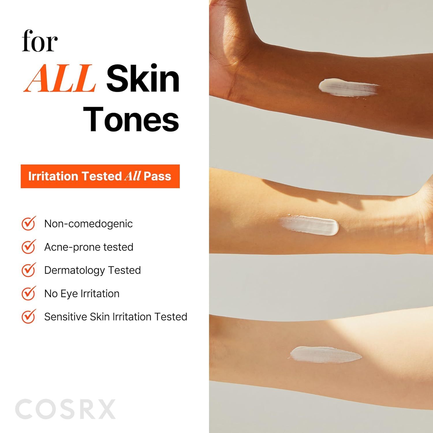 Arme verschiedener Hauttöne mit aufgetragener COSRX Sonnencreme.