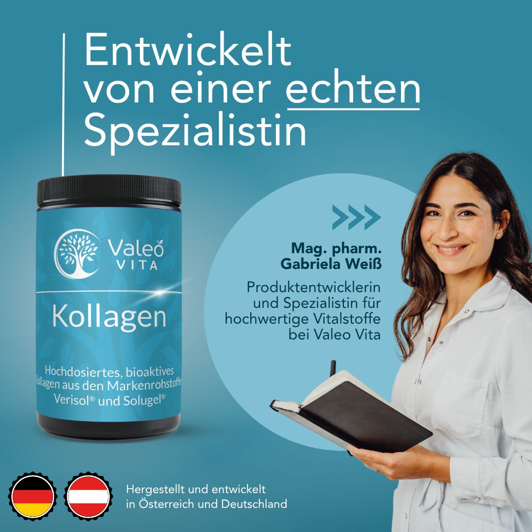 Produkt mit blauem Etikett. Frau mit Notizbuch. Text: Entwickelt von einer echten Spezialistin. Hergestellt in Österreich und Deutschland.