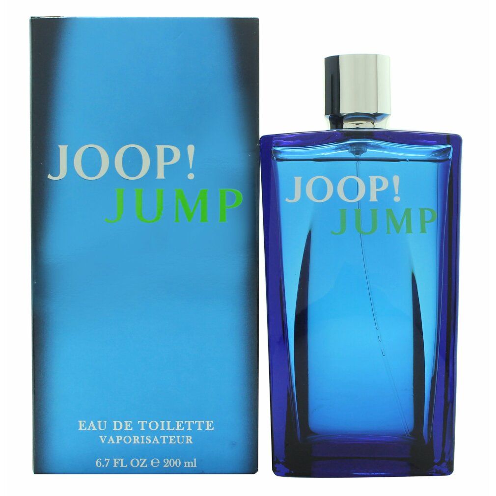 Blaues Eau de Toilette Joop! Jump mit Verpackung. Aufschrift: JOOP! JUMP, Eau de Toilette, Vaporisateur.