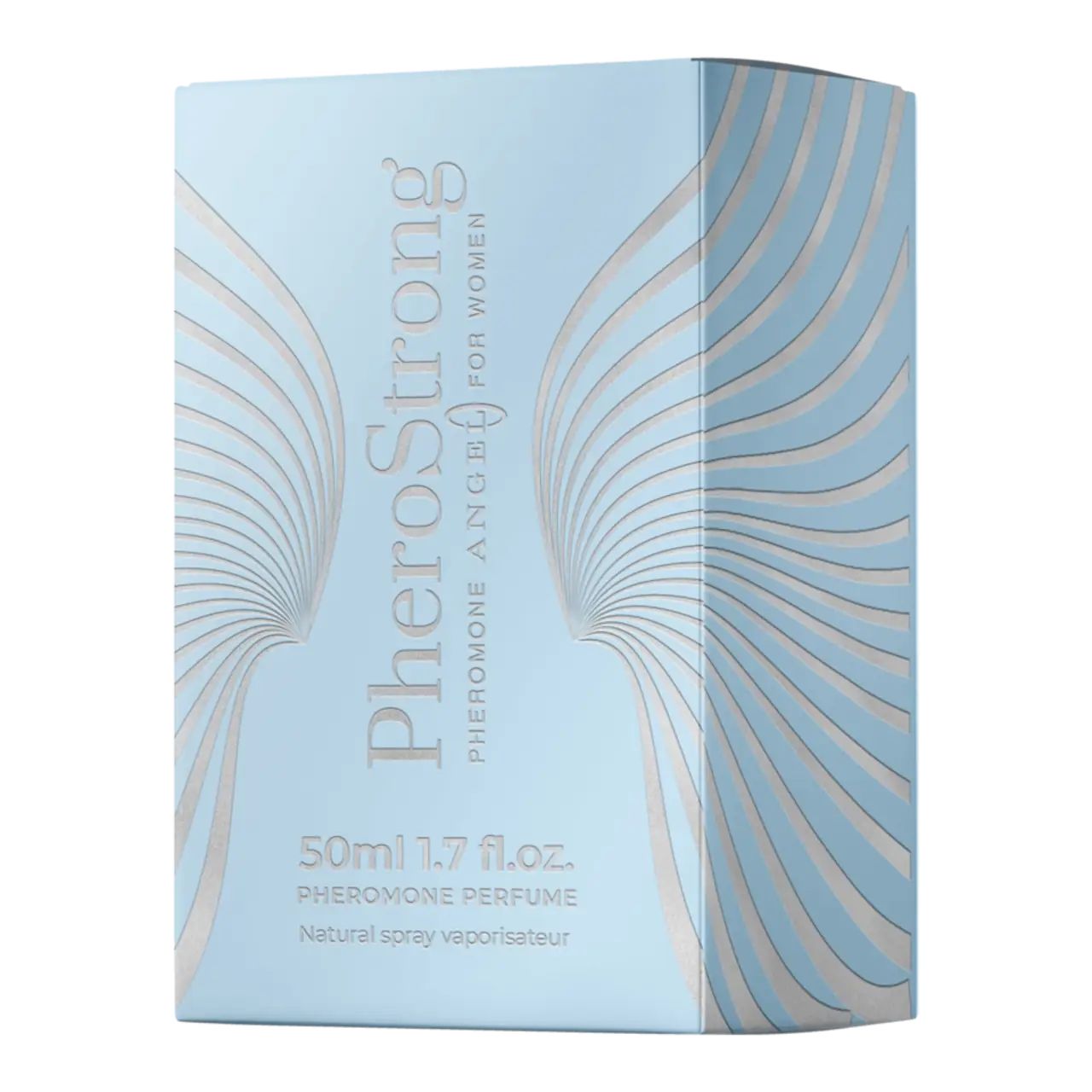 Hellblaue Produktverpackung. Aufschrift: PheroStrong Pheromone Angel für Frauen. 50ml 1.7 fl.oz. Flügel-Design.