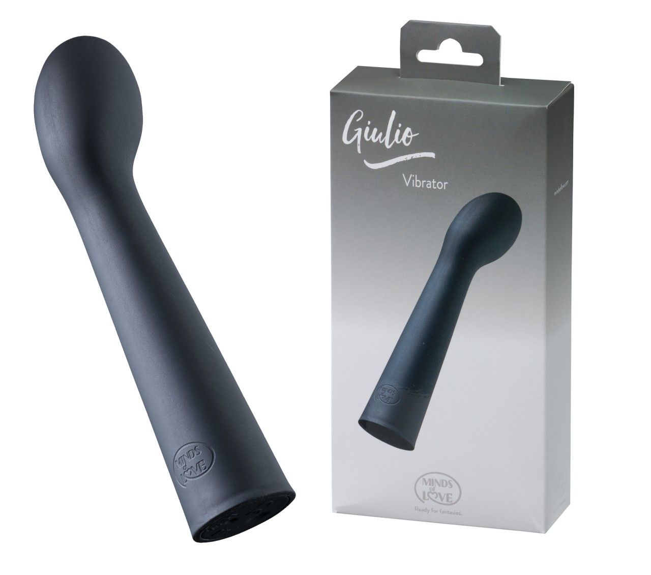 Dunkelgrauer Vibrator neben Verpackung. Aufschrift "Giulio Vibrator". Marke MINDS of LOVE.