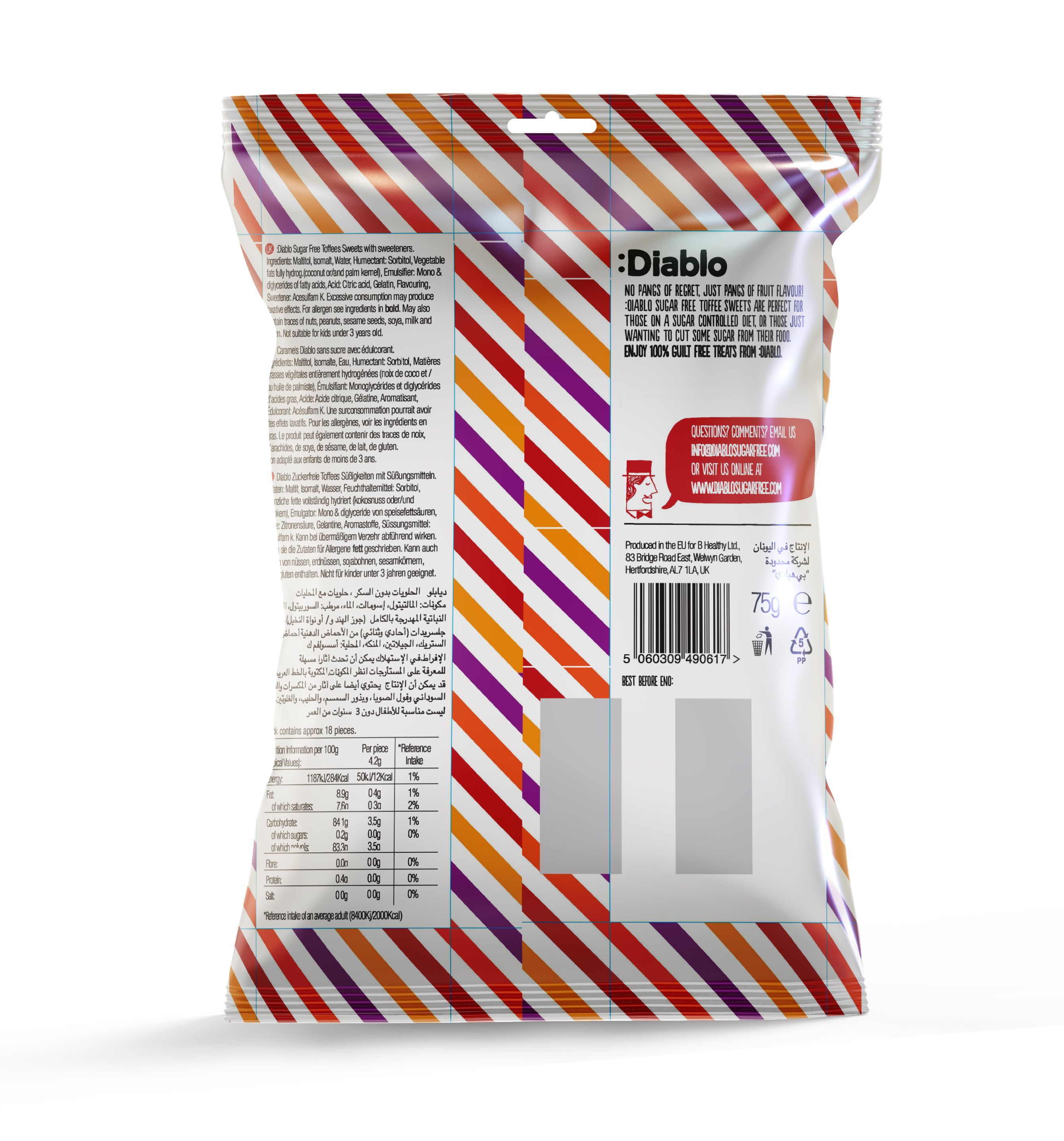 Rückseite der Diablo-Verpackung. Text und Nährwertangaben. Barcode und Logo. Streifenmuster in Orange, Lila und Weiß.