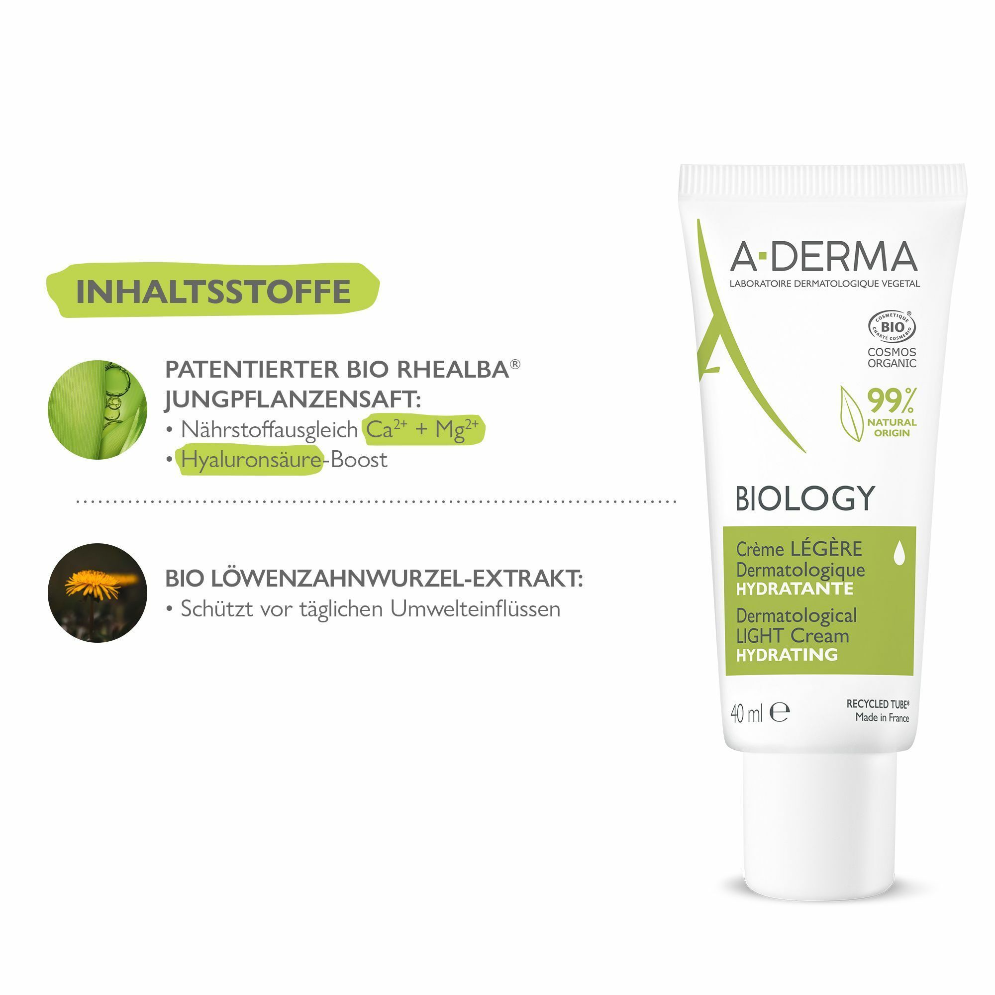 Weiße Tube mit grünen Akzenten. Text: A-DERMA BIOLOGY, Creme Légère, Dermatologische Hydratante, 40 ml. Enthält Bio Rhealba Jungpflanzensaft.