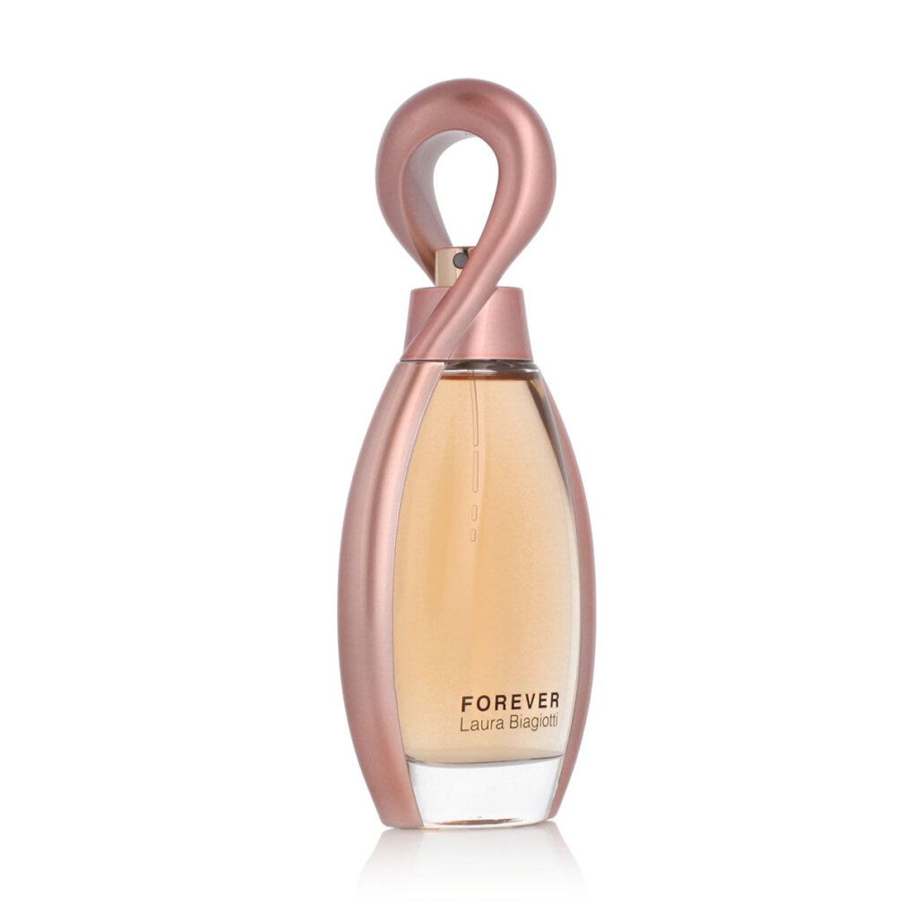 Parfümflasche mit roségoldfarbenem Verschluss. Flasche mit Schriftzug Forever. Ovaler Flaschenkörper.