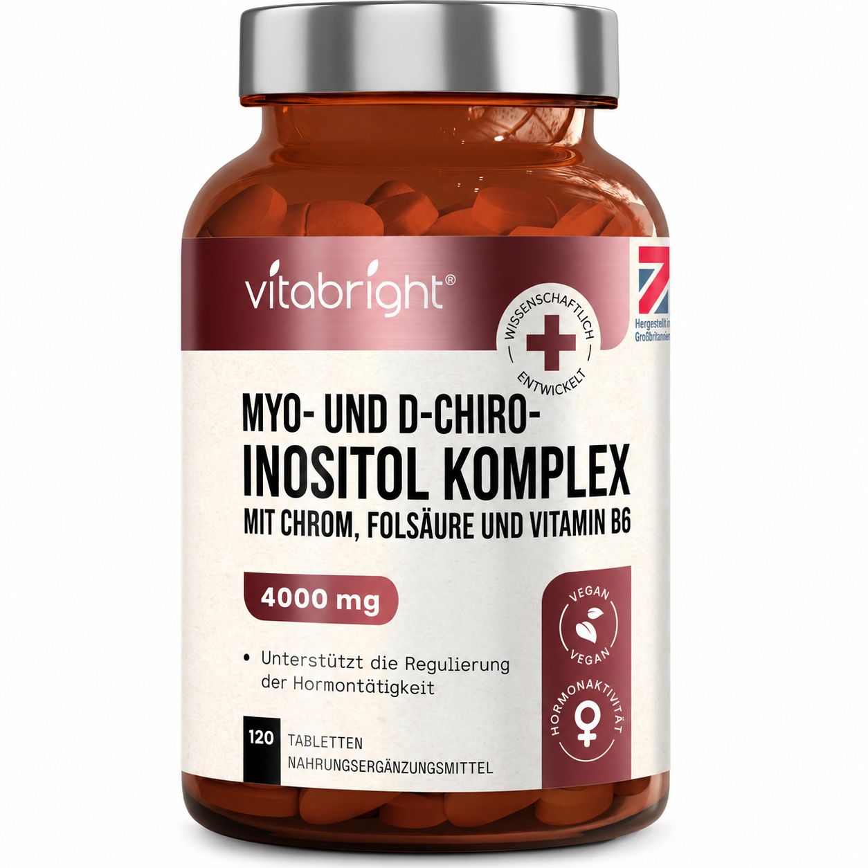Vitabright Myo- und D-Chiro-Inositol Komplex Nahrungsergänzungsmittel, 120 Tabletten.