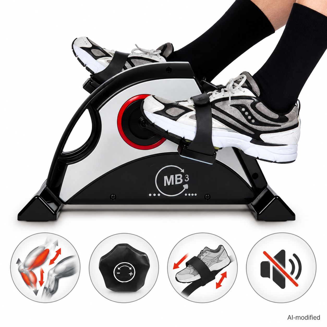 Person nutzt den Heimtrainer MB 3. Zeigt Muskeln, Widerstandseinstellung und Pedale.