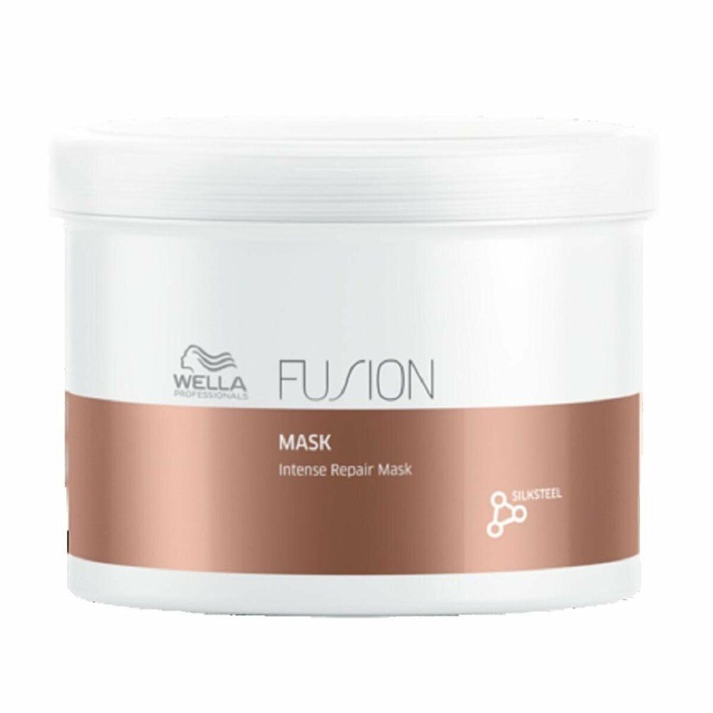 Weißer Tiegel mit braunem Band. Aufschrift: WELLA FUSION, MASK, Intense Repair Mask. Logo und SILKSTEEL.