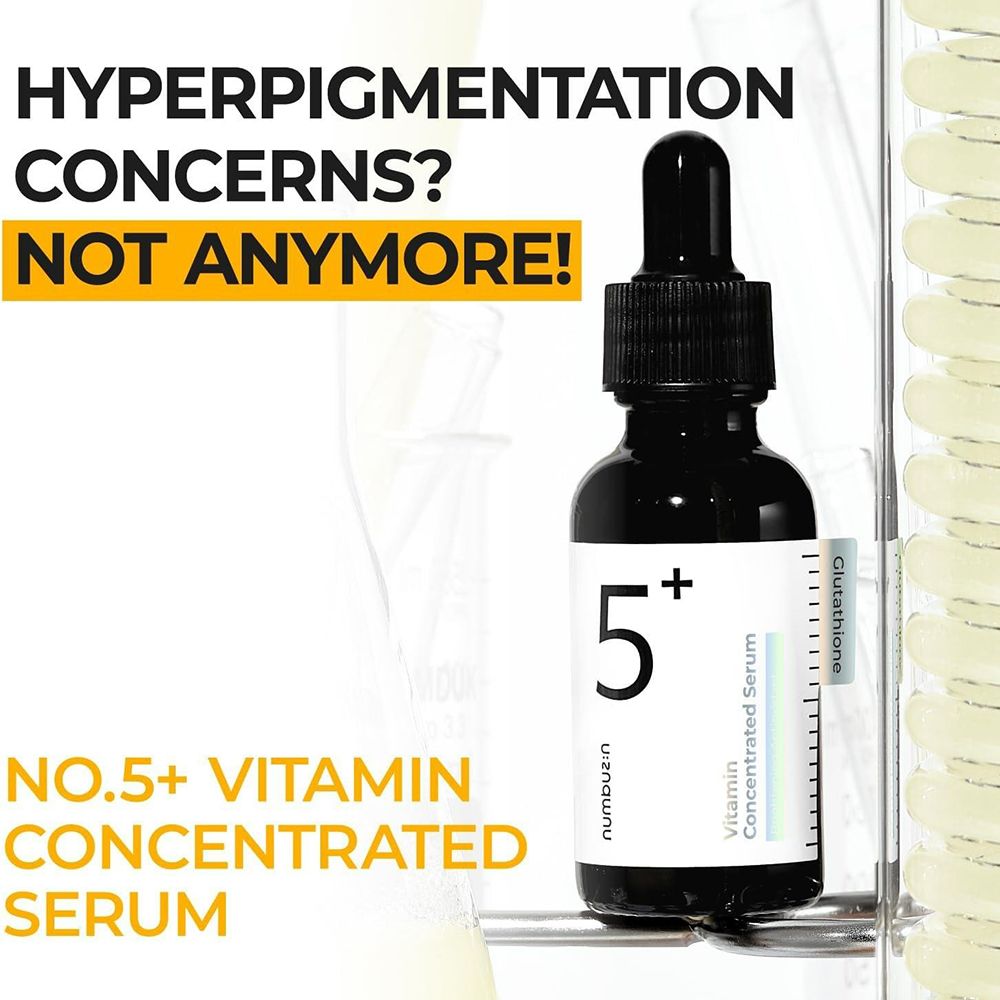 Schwarze Flasche mit weißem Etikett. Aufschrift "5+" und "numbuzin". Vitamin-Serum. Mit Tropfer. Text: "HYPERPIGMENTATION CONCERNS? NOT ANYMORE!"