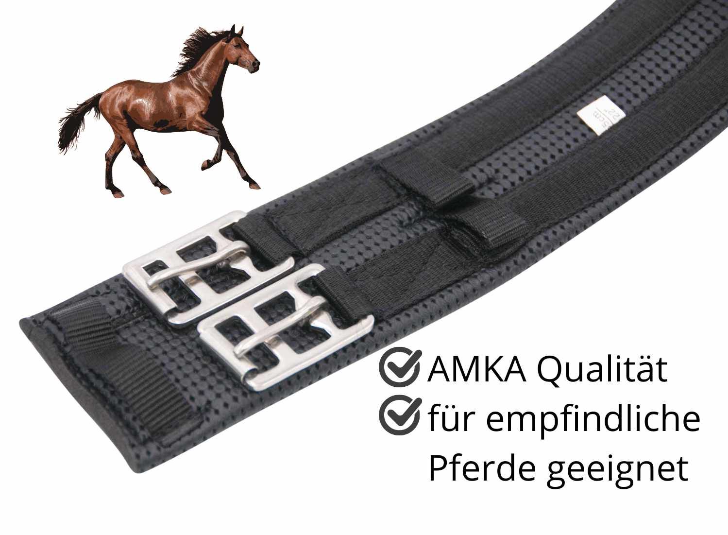 Schwarzer AMKA Kurzgurt Waffle mit Metallschnallen. Geeignet für empfindliche Pferde.