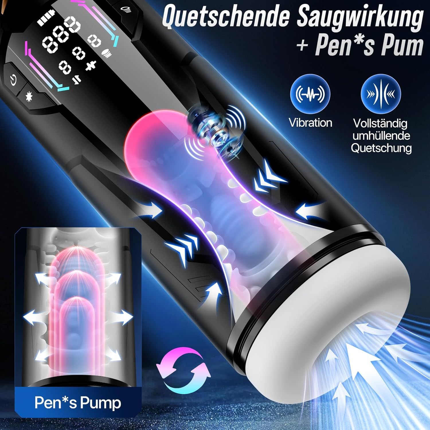 Schwarzer Vibrator mit Display, Quetschende Saugwirkung und Pen*s Pum.