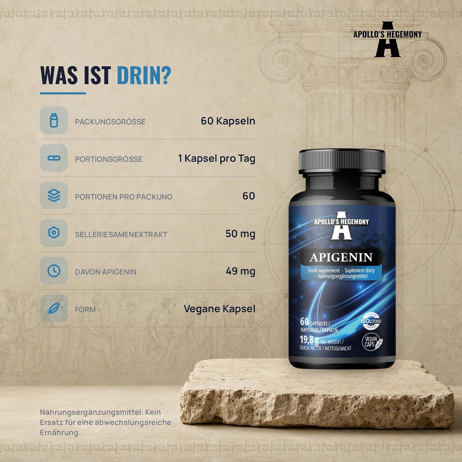 Apigenin: 60 Kapseln, 50mg Sellerieextrakt, 49mg Apigenin. Vegane Kapsel.