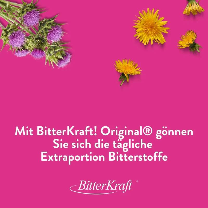 Blumen und Text. Text: Mit BitterKraft! Original® gönnen Sie sich die tägliche Extraportion Bitterstoffe. Logo: BitterKraft!