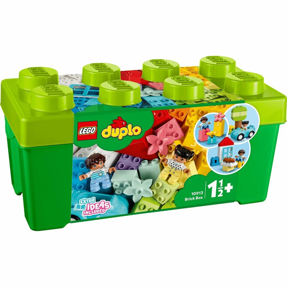 Grüne LEGO Duplo Brick Box mit bunten Steinen, Figuren und Blumen. Altersempfehlung 1 1/2+.