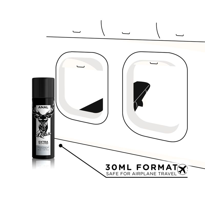 Schwarze Flasche mit "ANAL Relax Extra Dilatation" neben Flugzeugfenstern. 30ml Format, flugtauglich.