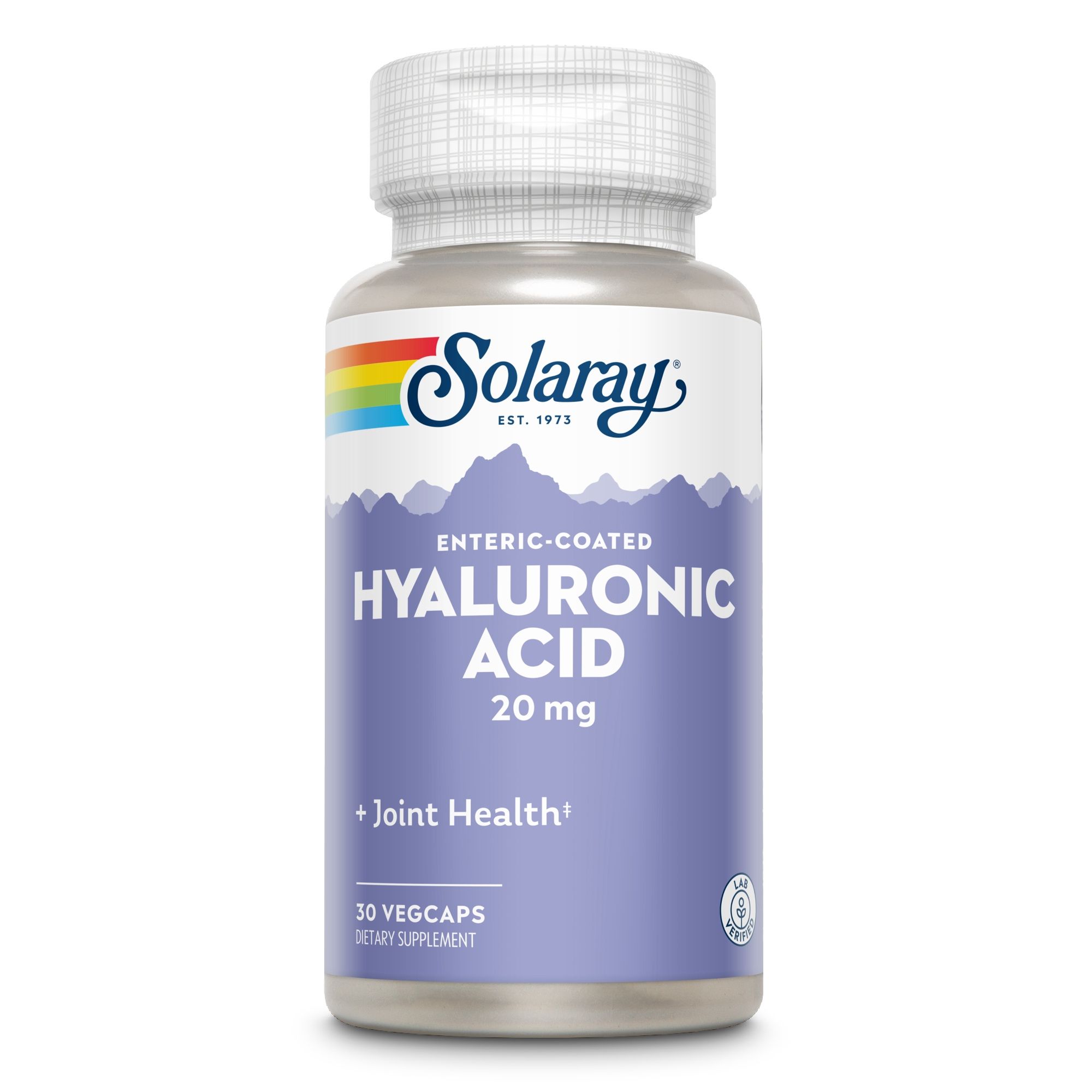 Solaray Hyaluronsäure 20 mg Flasche. Text: Enteric-Coated, Hyaluronic Acid 20 mg, + Joint Health, 30 Vegicaps, Dietary Supplement.