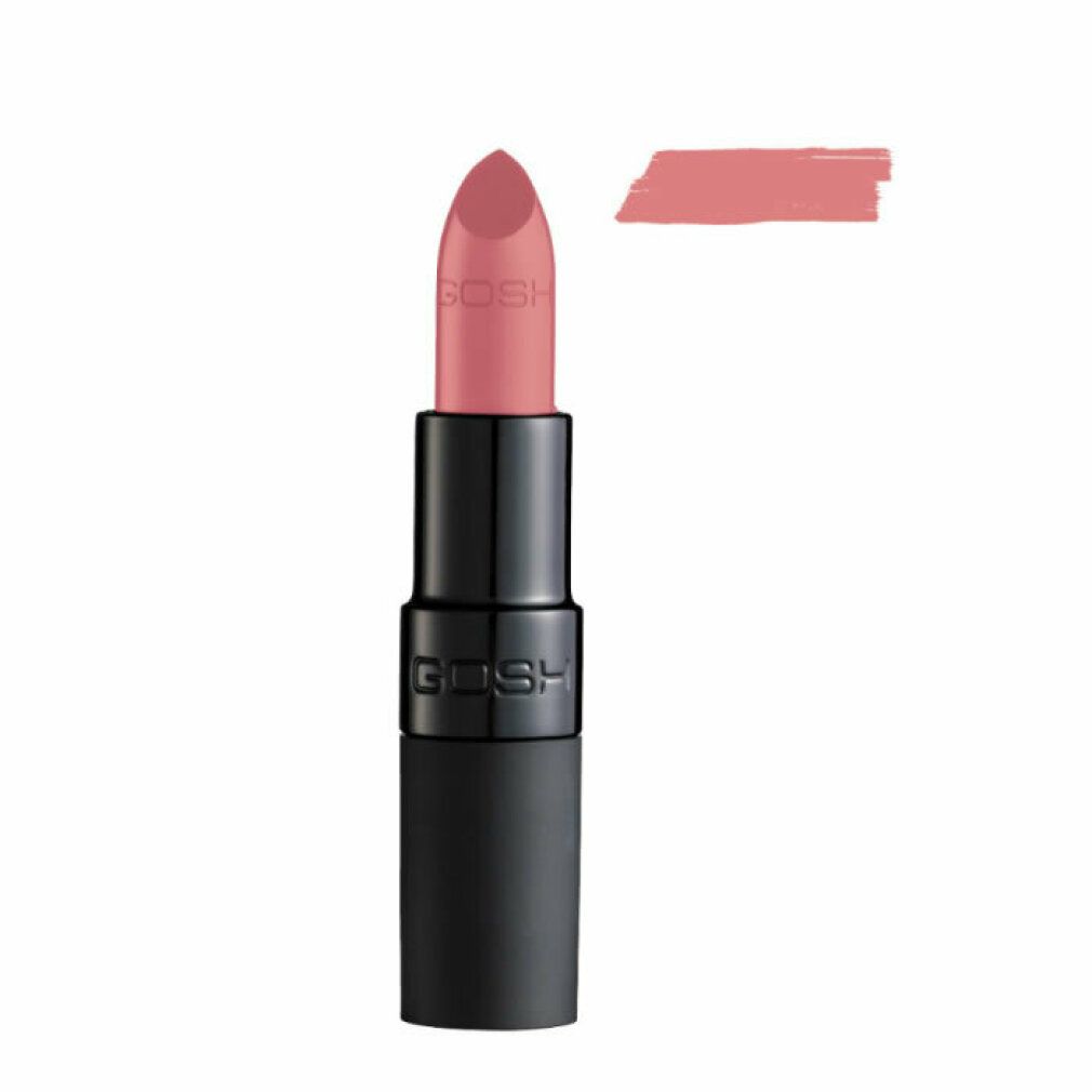 Lippenstift, rosa, mit schwarzem Gehäuse und Farbmuster. Marke GOSH.