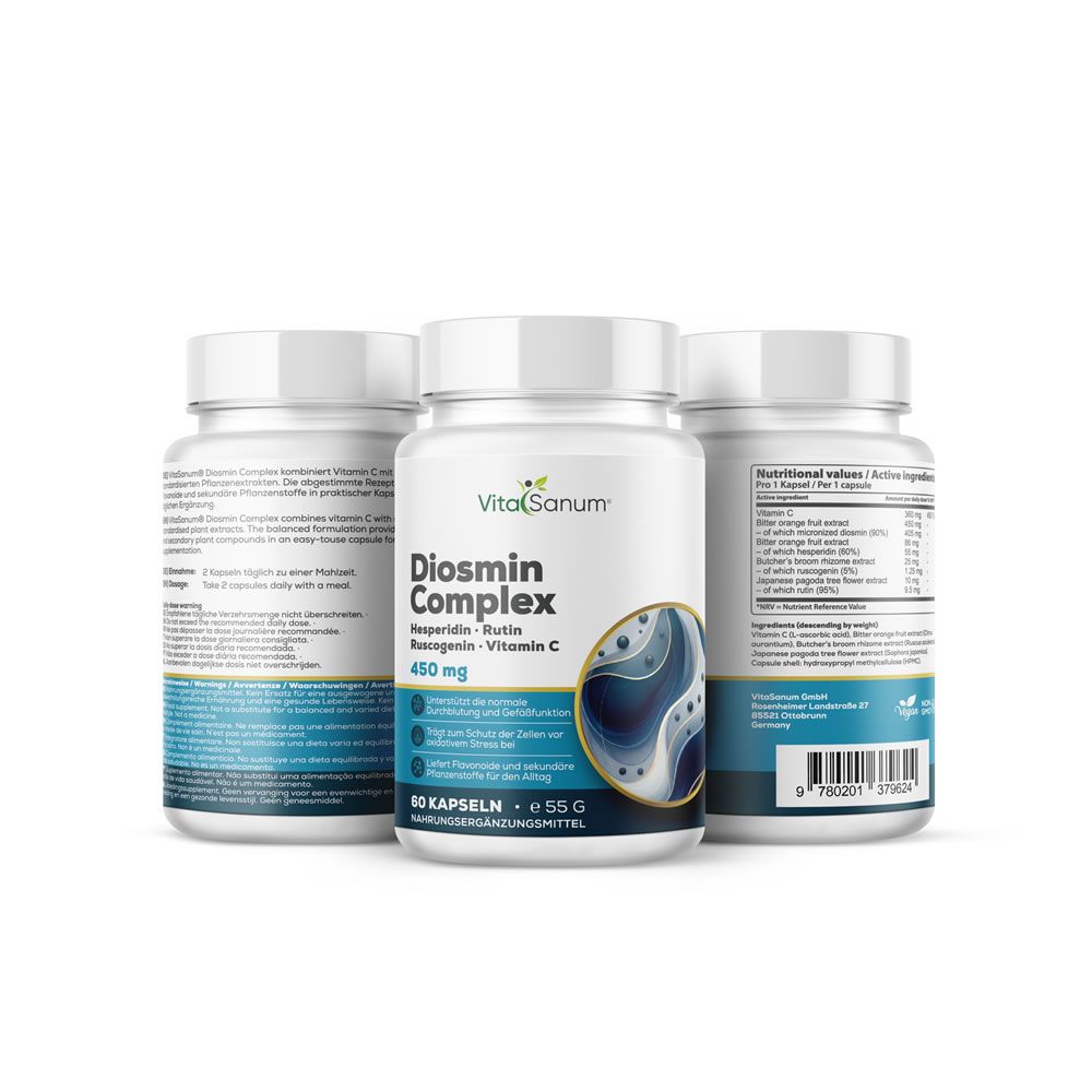 Drei weiße Flaschen Diosmin Complex. Enthält Hesperidin, Rutin, Vitamin C. 450 mg. 60 Kapseln. Nahrungsergänzungsmittel.