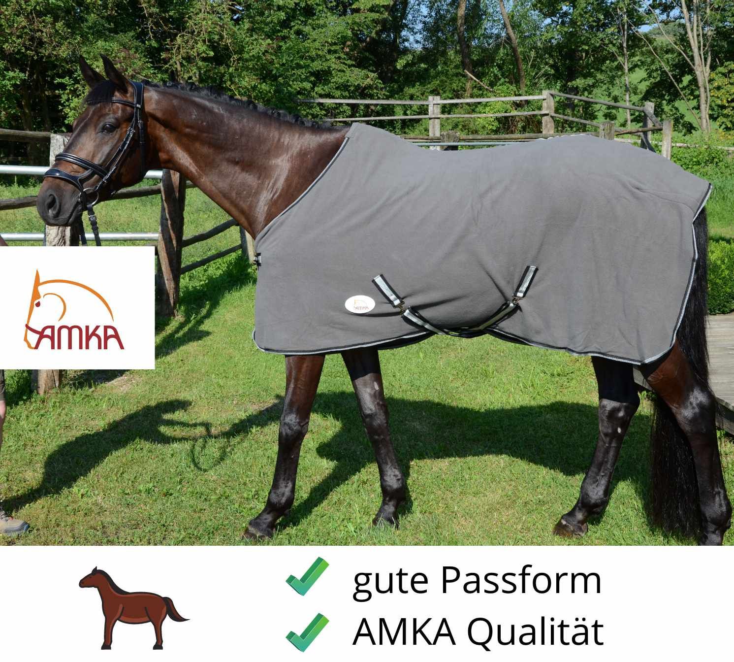 Graue Fleecedecke auf einem Pferd. AMKA-Logo. Text: gute Passform, AMKA Qualität.