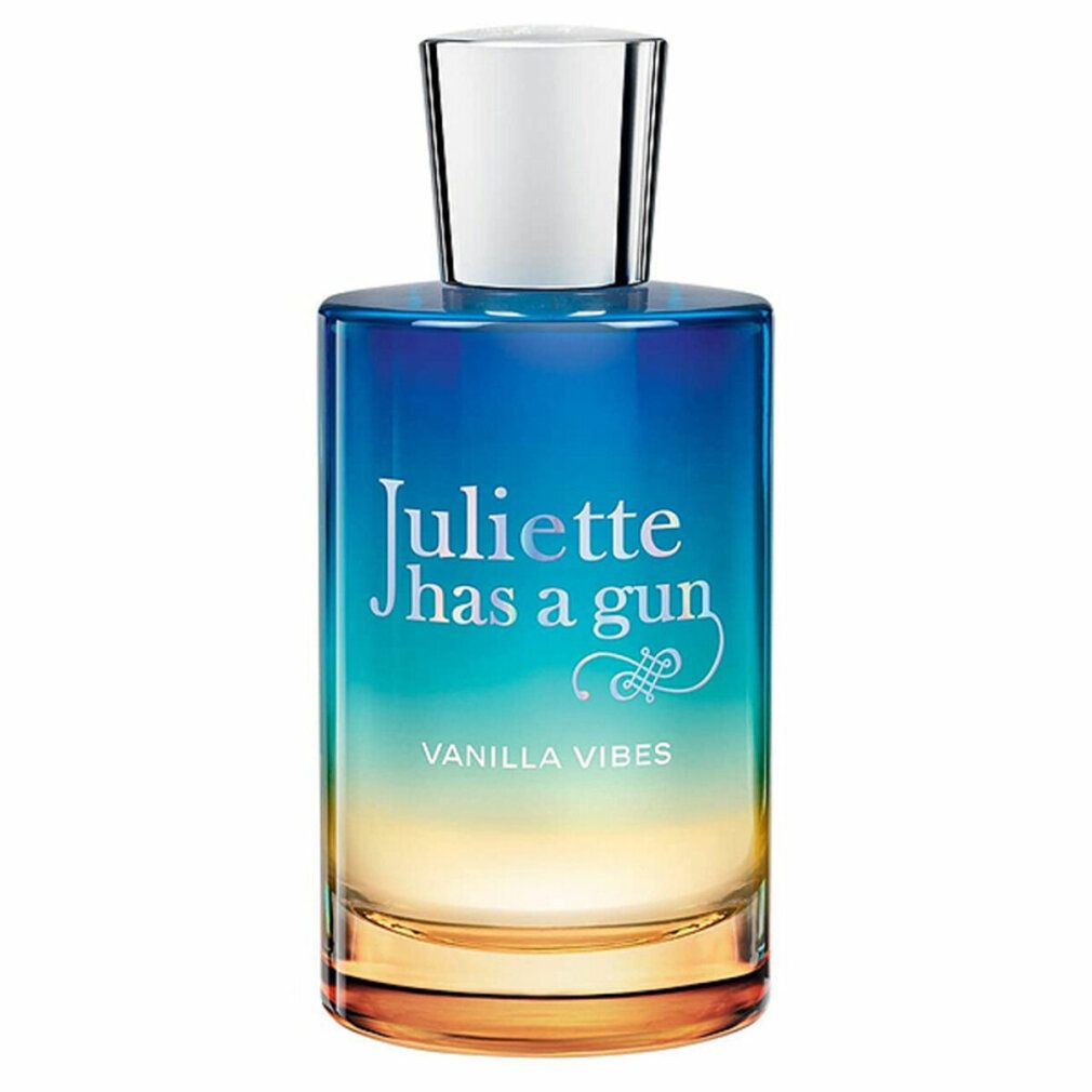 Parfümflasche. Aufschrift: Juliette has a gun, Vanilla Vibes. Farbverlauf von blau nach gelb. Silberner Verschluss.
