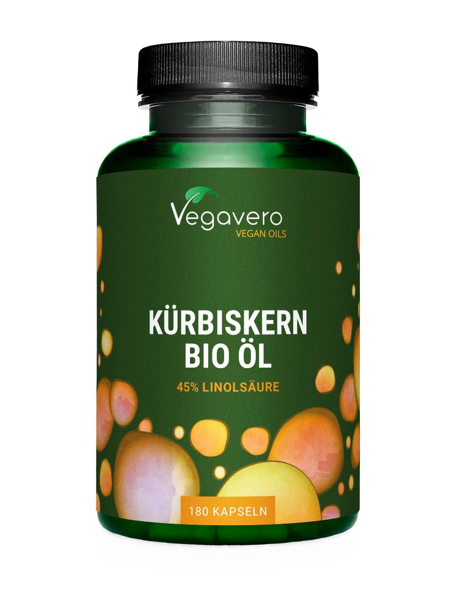 Grüne Flasche mit Kapseln. Aufschrift: Kürbiskern BIO Öl, 45% Linolsäure. Marke: Vegavaro.